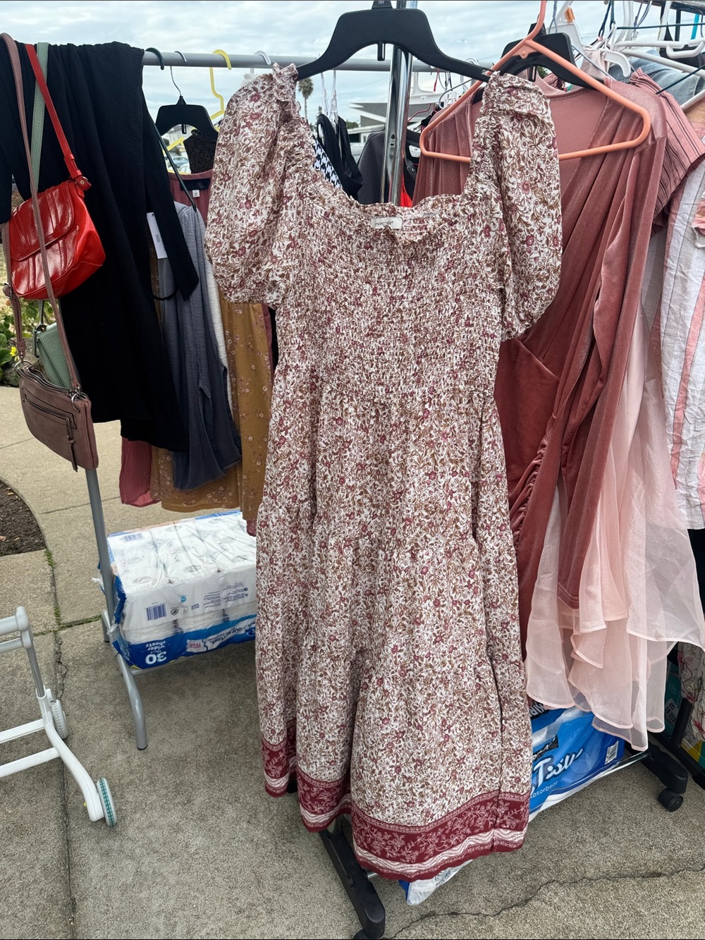Francesca's Collections Floral Smocked Midi Dress in Cream and Maroon